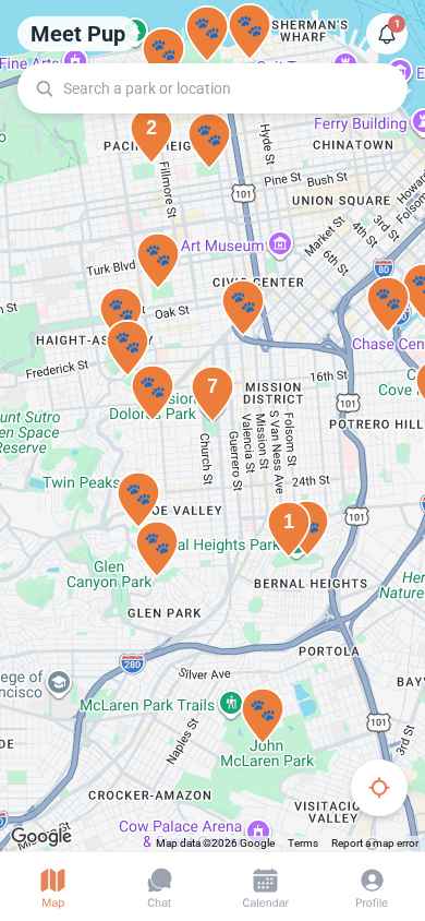 Meet Pup map view showing dog park check-ins